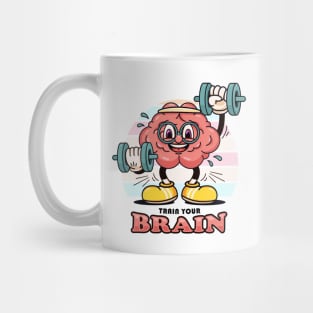 Train your brain, cartoon mascot's brain exercises barbell Mug